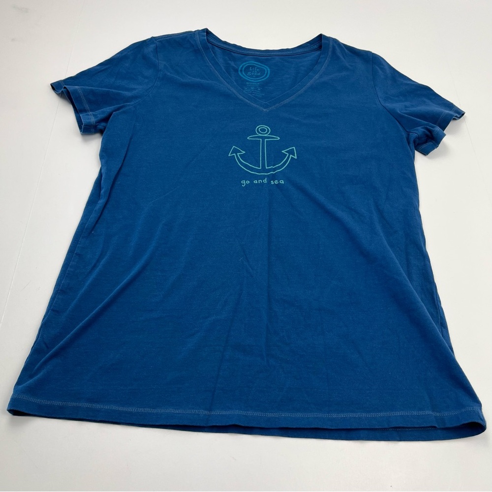 Life is Good Go and Sea Anchor Womens Medium Classic Fit Blue Short Sleeve Shirt